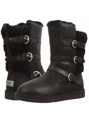 💥HOT ITEM💥UGG  BECKET LEATHER & WOOL SHEARLING MOTO BOOTS in BLACK